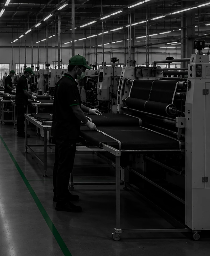 Operator laying denim fabric on a spreading table