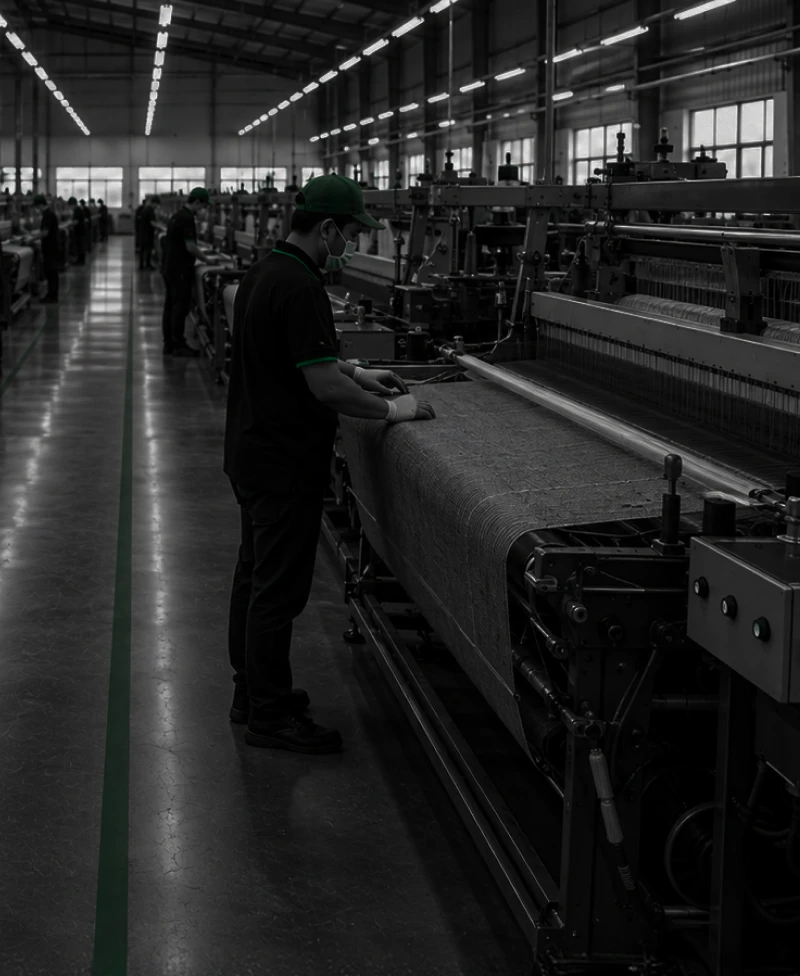 Woven fabric being inspected on the factory floor