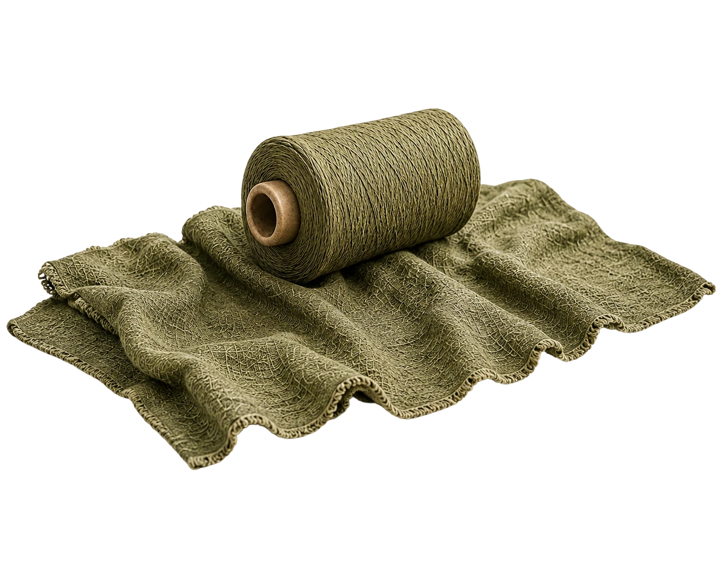 Spool of yarn resting on folded olive fabric